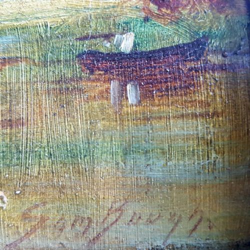 fig 2. An antique oil painting depicting fishing boats and sailboats on a calm Scottish loch surrounded by hills under a cloudy sky.