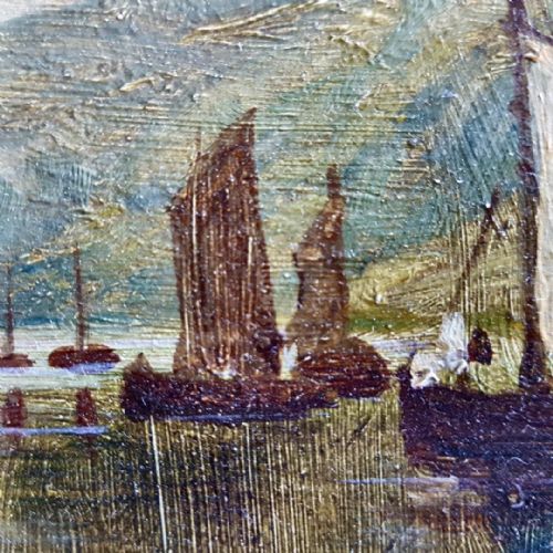 fig 3. An antique oil painting depicting fishing boats and sailboats on a calm Scottish loch surrounded by hills under a cloudy sky.
