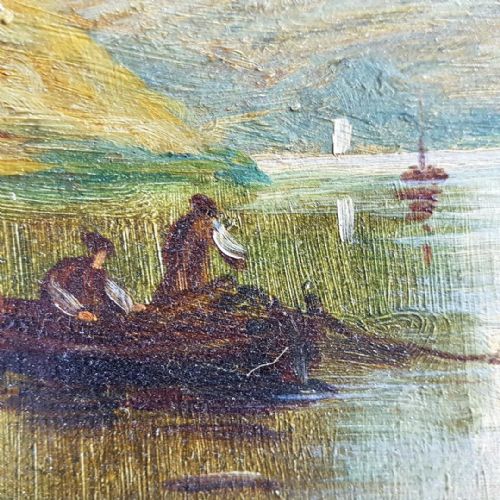 fig 1. An antique oil painting depicting fishing boats and sailboats on a calm Scottish loch surrounded by hills under a cloudy sky.
