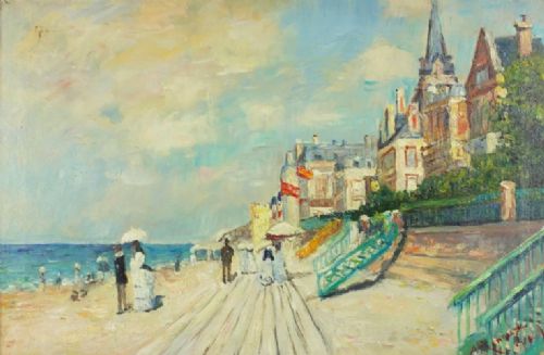 French Impressionist Beach Scene. Oil on Canvas, Circa 1900s