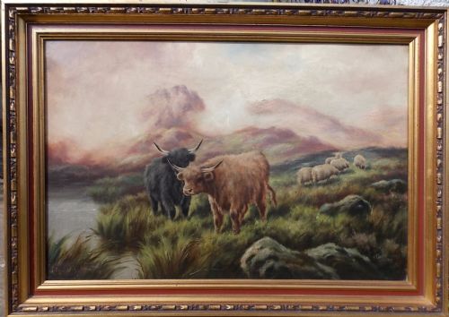 Frank Bennett. Pair Scottish Highland Cattle Landscapes. Oils on Canvas