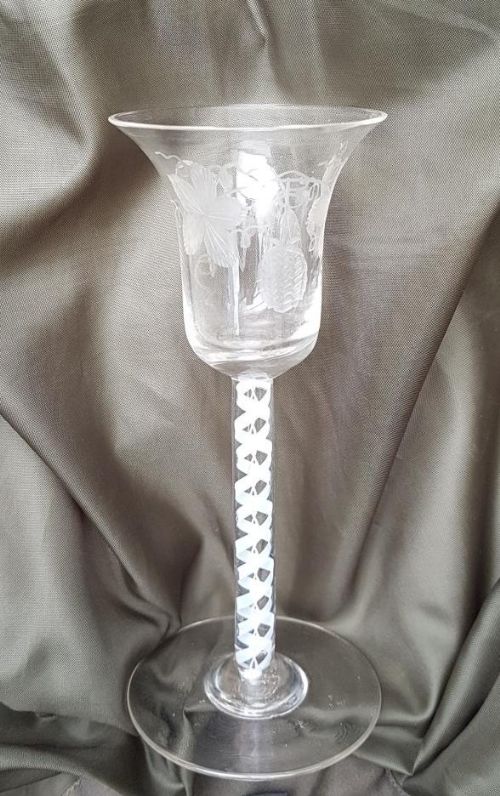 18th Cent Engraved Bell Bowl Double Air Twist Wine Glass.