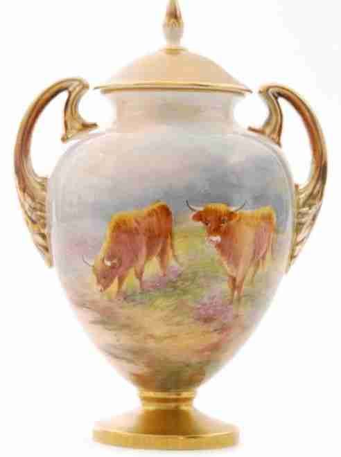 Worcester Twin Handled Pedistal Vase ( Highland Cattle by Townsend)