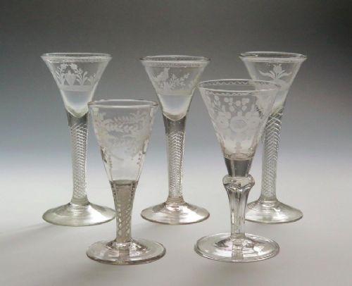 fig 1. Five finely engraved airtwist wine glasses mid 18th century,