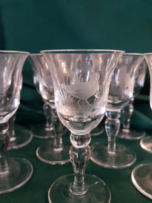 fig 1. Set of Ten sherry Glasses etched with game birds.