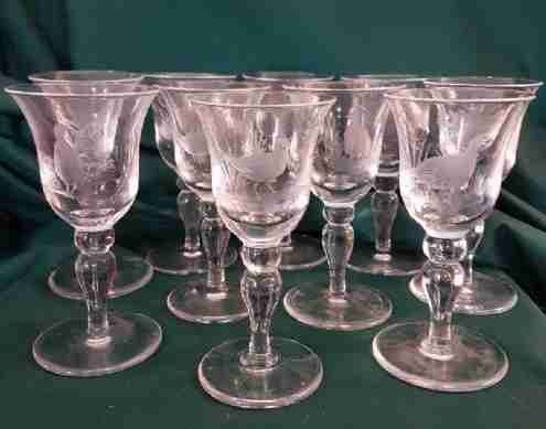 Set of Ten Sherry Glasses Etched with Game Birds.