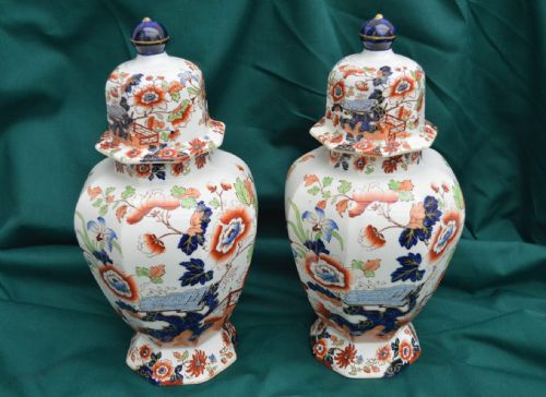 Large Matching Pair of 19th Cent Masons Ironstone Lidded Urns