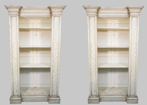Rare Pair Victorian Breakfront White Painted Open Bookcases