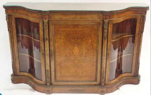 A Large Victorian Burr Walnut and Marquetry Serpentine Credenza