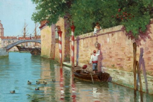 fig 1. An antique oil painting depicting a Venetian canal with brick structures, lush foliage, mooring poles, and a small boat.
