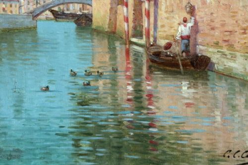 fig 2. An antique oil painting depicting a Venetian canal with brick structures, lush foliage, mooring poles, and a small boat.