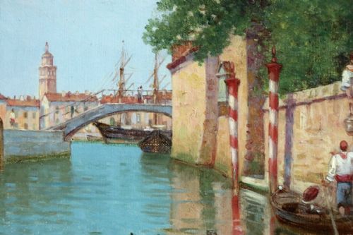 fig 3. An antique oil painting depicting a Venetian canal with brick structures, lush foliage, mooring poles, and a small boat.