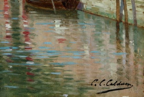 fig 4. An antique oil painting depicting a Venetian canal with brick structures, lush foliage, mooring poles, and a small boat.