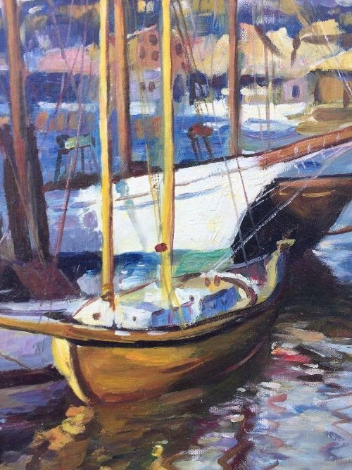 fig 1. An Impressionist oil painting depicting wooden sailing vessels moored at a harbour dock with reflections cast on the water.
