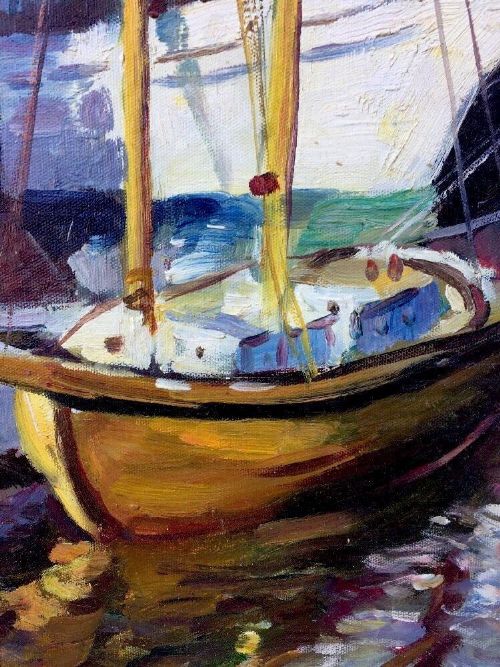 fig 2. An Impressionist oil painting depicting wooden sailing vessels moored at a harbour dock with reflections cast on the water.