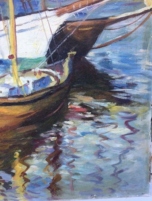 fig 3. An Impressionist oil painting depicting wooden sailing vessels moored at a harbour dock with reflections cast on the water.