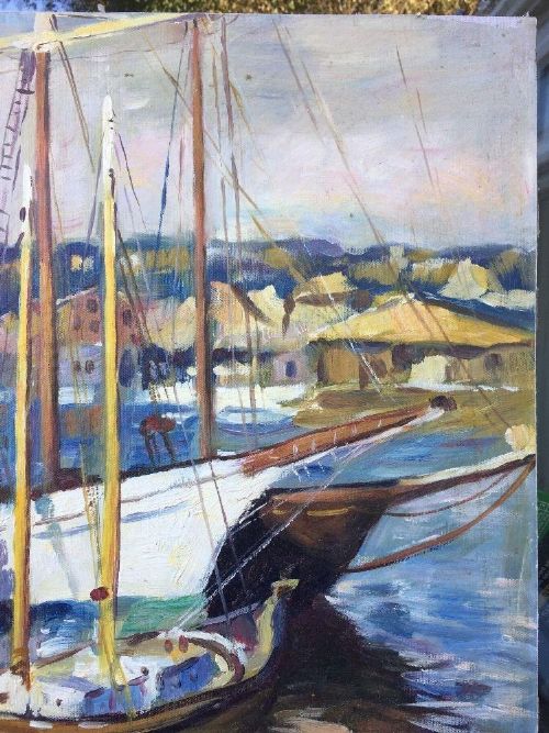 fig 4. An Impressionist oil painting depicting wooden sailing vessels moored at a harbour dock with reflections cast on the water.