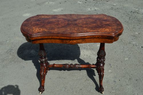 Victorian Burr Walnut Inlaid Stretcher Foldover Games Table