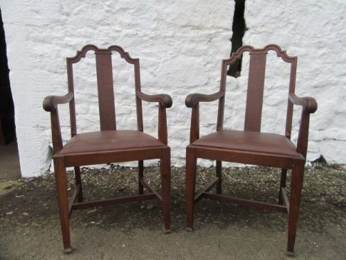 A Good Pr of Late Victorian, Queen Anne Revival Oak Carver Chairs.