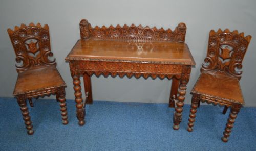 Victorian Carved Oak Hall Table and Matching Side Chairs