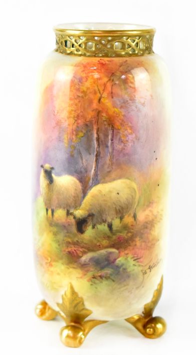 Worcester Cylinder Vase. Sheep by Harry Stinton