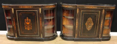 A Near Pair of Victorian Ebonised and Marquetry Credenzas,