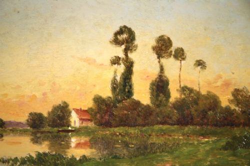 fig 1. An impressionist oil painting depicting a cottage beside a calm river with tall poplar trees against a warm sunset sky.