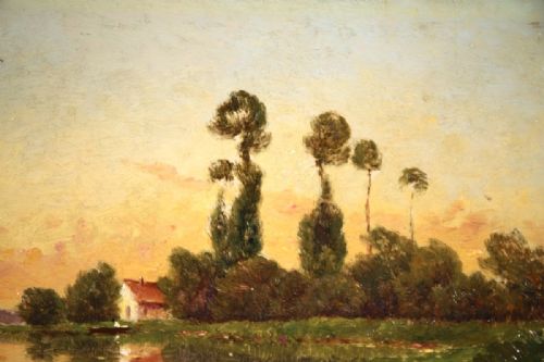 fig 2. An impressionist oil painting depicting a cottage beside a calm river with tall poplar trees against a warm sunset sky.