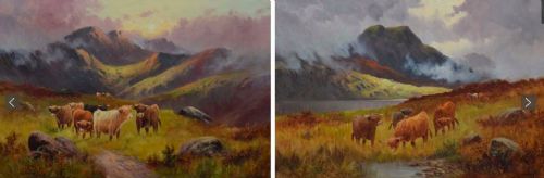 Large Pair of C W Oswald. Exh 1882-1900. Highland Cattle Oil Paintings