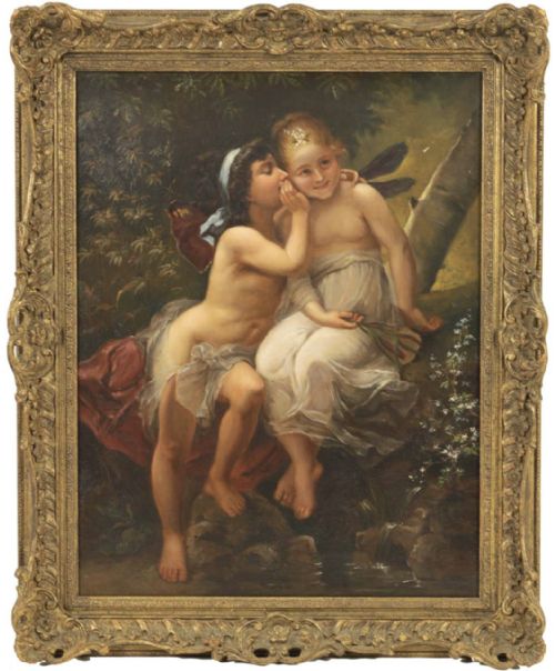 A 19th Century Oil Painting Cherubs by a Stream.