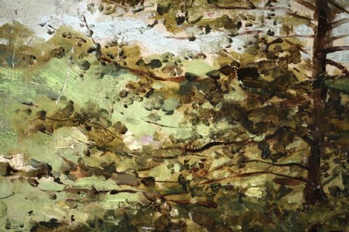 fig 1. An antique late 19th-century French Impressionist oil painting depicting a woman in a blue dress seated under a large tree beside a river.