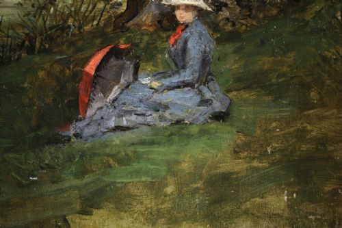 fig 3. An antique late 19th-century French Impressionist oil painting depicting a woman in a blue dress seated under a large tree beside a river.