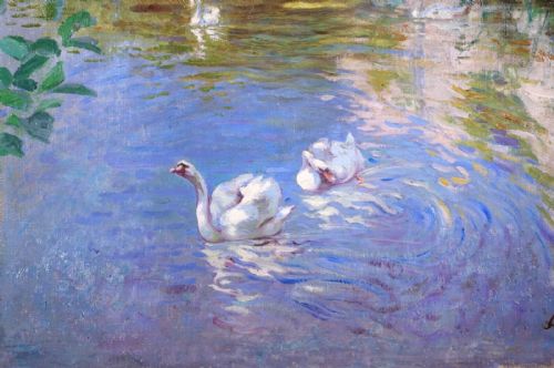 fig 1. An Impressionist oil painting depicting white swans swimming on a pond with surrounding green trees and limestone cliffs.