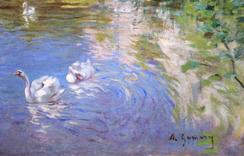 fig 2. An Impressionist oil painting depicting white swans swimming on a pond with surrounding green trees and limestone cliffs.