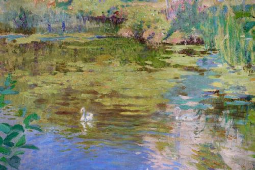 fig 3. An Impressionist oil painting depicting white swans swimming on a pond with surrounding green trees and limestone cliffs.