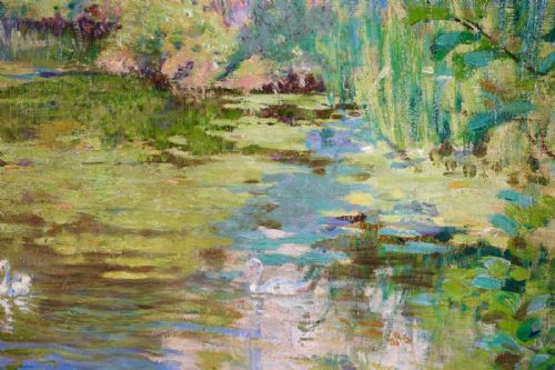 fig 4. An Impressionist oil painting depicting white swans swimming on a pond with surrounding green trees and limestone cliffs.