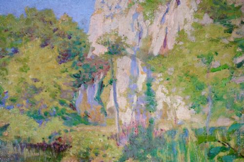 fig 5. An Impressionist oil painting depicting white swans swimming on a pond with surrounding green trees and limestone cliffs.