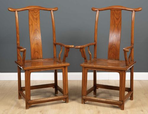 A Pair of Chinese Elm Open Armchairs