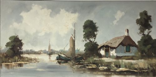 Willem Maris (1844 -1910) Oil Painting. (Dutch Canal Scene)