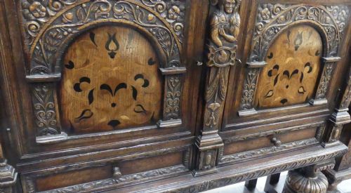 A SUPERB VICTORIAN CARVED AND MARQUETRY INLAID OAK HALL CUPBOARD - ADDITIONAL PHOTO 1
