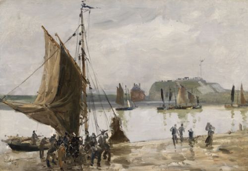 fig 1. An impressionist oil painting depicting sailing boats and figures on a harbour shoreline, set inside an ornate carved giltwood frame.