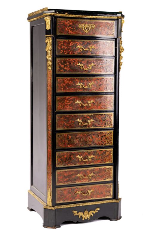 A Rare Napoleon III Ebonized and Red Tortoiseshell Boulle Wellington Chest.