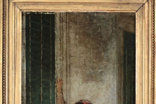 fig 2. A 19th-century vertical oil painting depicting a man reaching towards a shuttered window while a woman in a green dress embraces him.