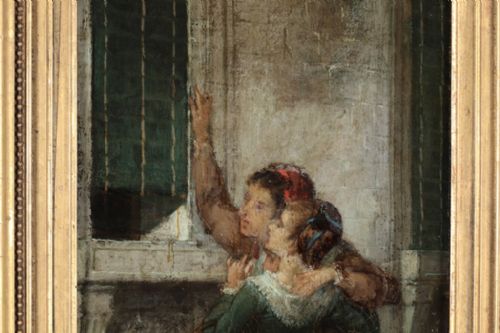 fig 3. A 19th-century vertical oil painting depicting a man reaching towards a shuttered window while a woman in a green dress embraces him.
