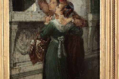 fig 4. A 19th-century vertical oil painting depicting a man reaching towards a shuttered window while a woman in a green dress embraces him.