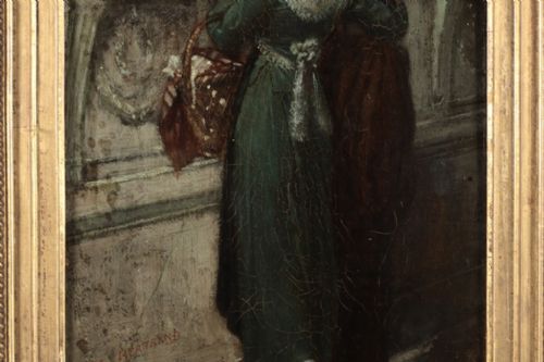 fig 5. A 19th-century vertical oil painting depicting a man reaching towards a shuttered window while a woman in a green dress embraces him.