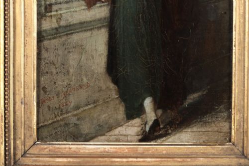 fig 6. A 19th-century vertical oil painting depicting a man reaching towards a shuttered window while a woman in a green dress embraces him.
