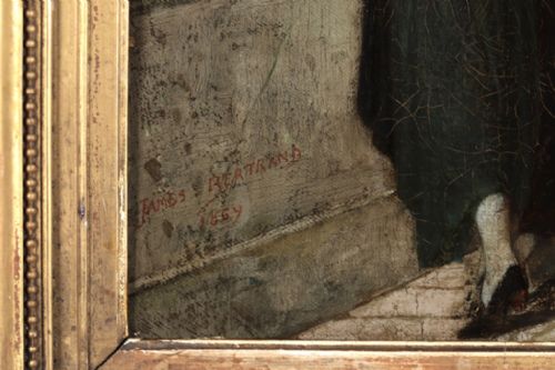 fig 7. A 19th-century vertical oil painting depicting a man reaching towards a shuttered window while a woman in a green dress embraces him.