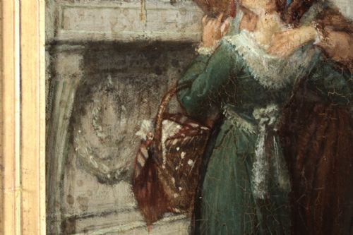 fig 8. A 19th-century vertical oil painting depicting a man reaching towards a shuttered window while a woman in a green dress embraces him.