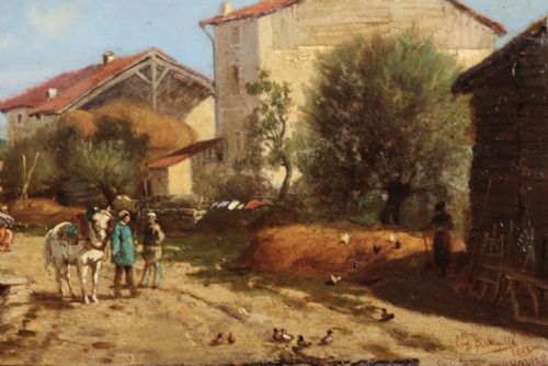 fig 1. A 19th-century oil painting depicting a French rural village landscape with figures, a pack horse, and stone farm buildings under a pale blue sky.